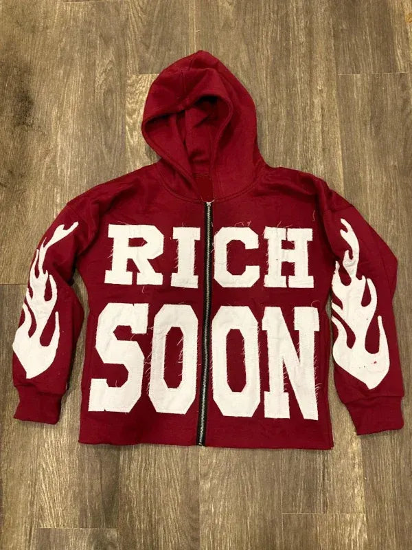 Front view of Red Rich-Soon-Zip-Up-Hoodie