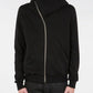 Front view of Black Rick-Owens-Mountain-Hoodie-Front with asymmetrical zipper.