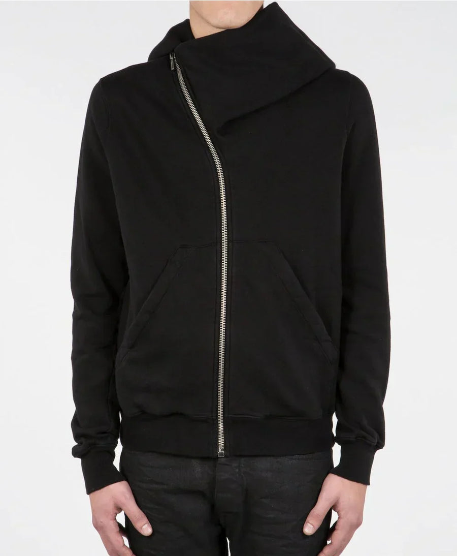 Front view of Black Rick-Owens-Mountain-Hoodie-Front with asymmetrical zipper.