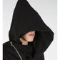 Close-up view of Black Rick-Owens-Mountain-Hoodie hood and asymmetrical zipper.