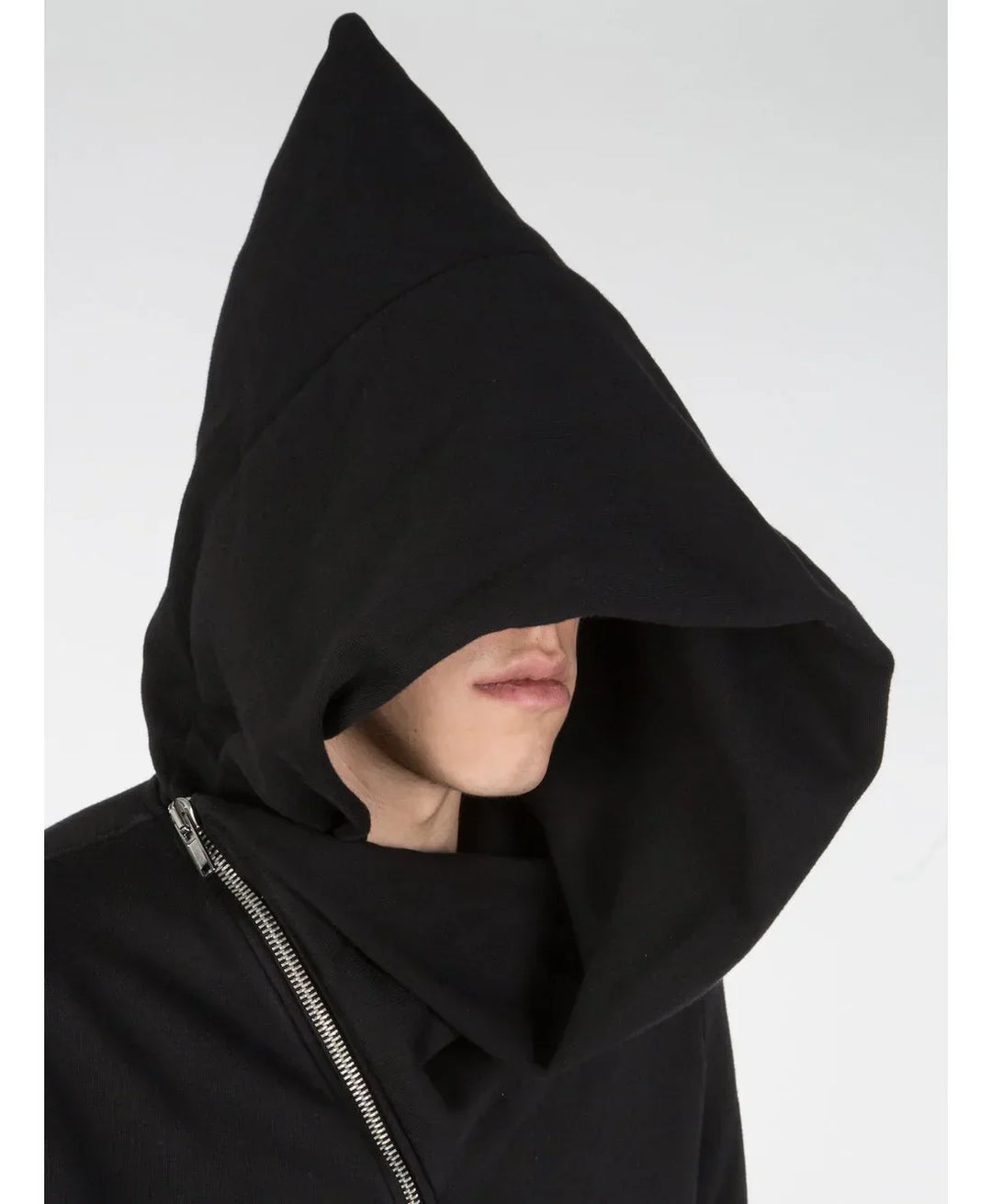 Close-up view of Black Rick-Owens-Mountain-Hoodie hood and asymmetrical zipper.