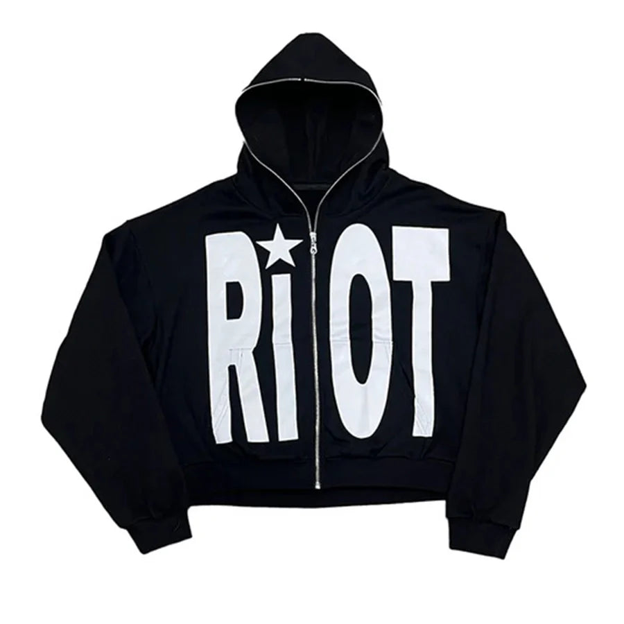 Black hoodie with 'Riot' text and star design on a white background