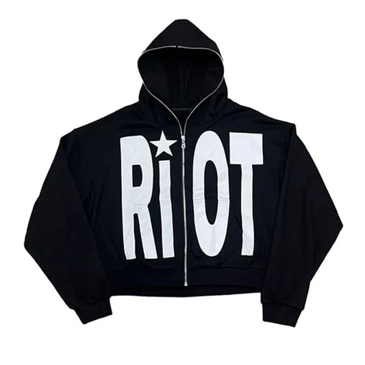 Black hoodie with 'Riot' text and star design on a white background