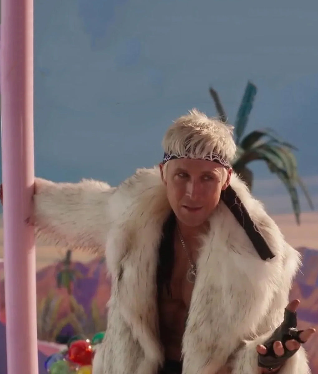 ryan gosling in movie barbie wearing ken faux mink coat