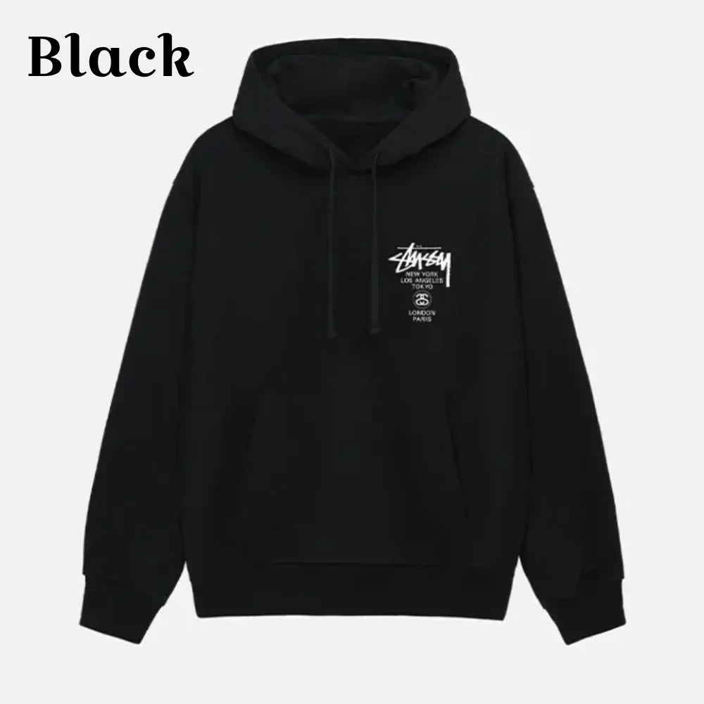 Front view of Black Stussy-World-Tour-Black-Hoodie
