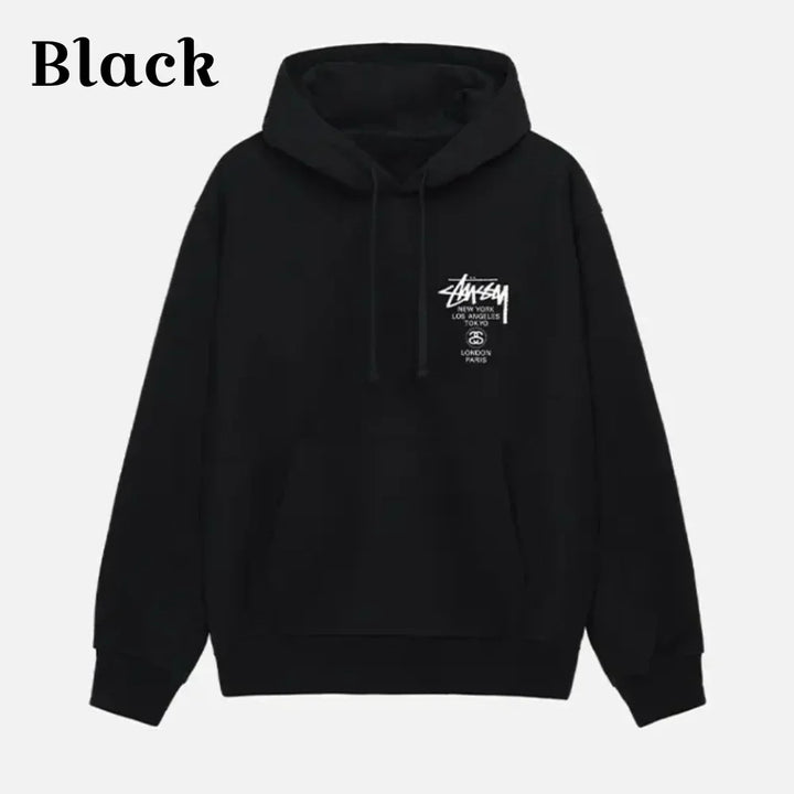 Front view of Black Stussy-World-Tour-Black-Hoodie