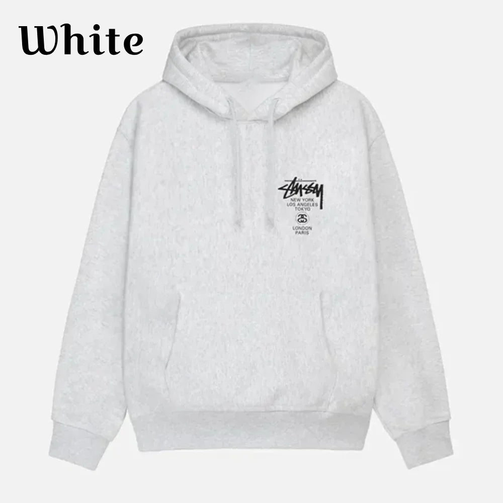 Front view of White Stussy-World-Tour-Hoodie-White