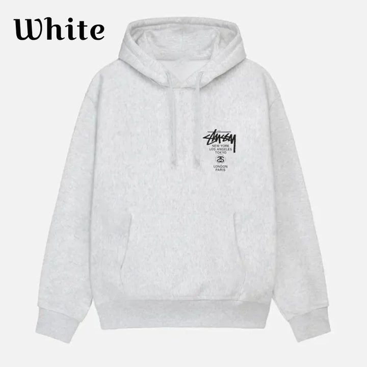 Front view of White Stussy-World-Tour-Hoodie-White