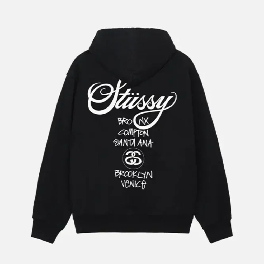 Back view of Black Stussy-World-Tour-Hoodie