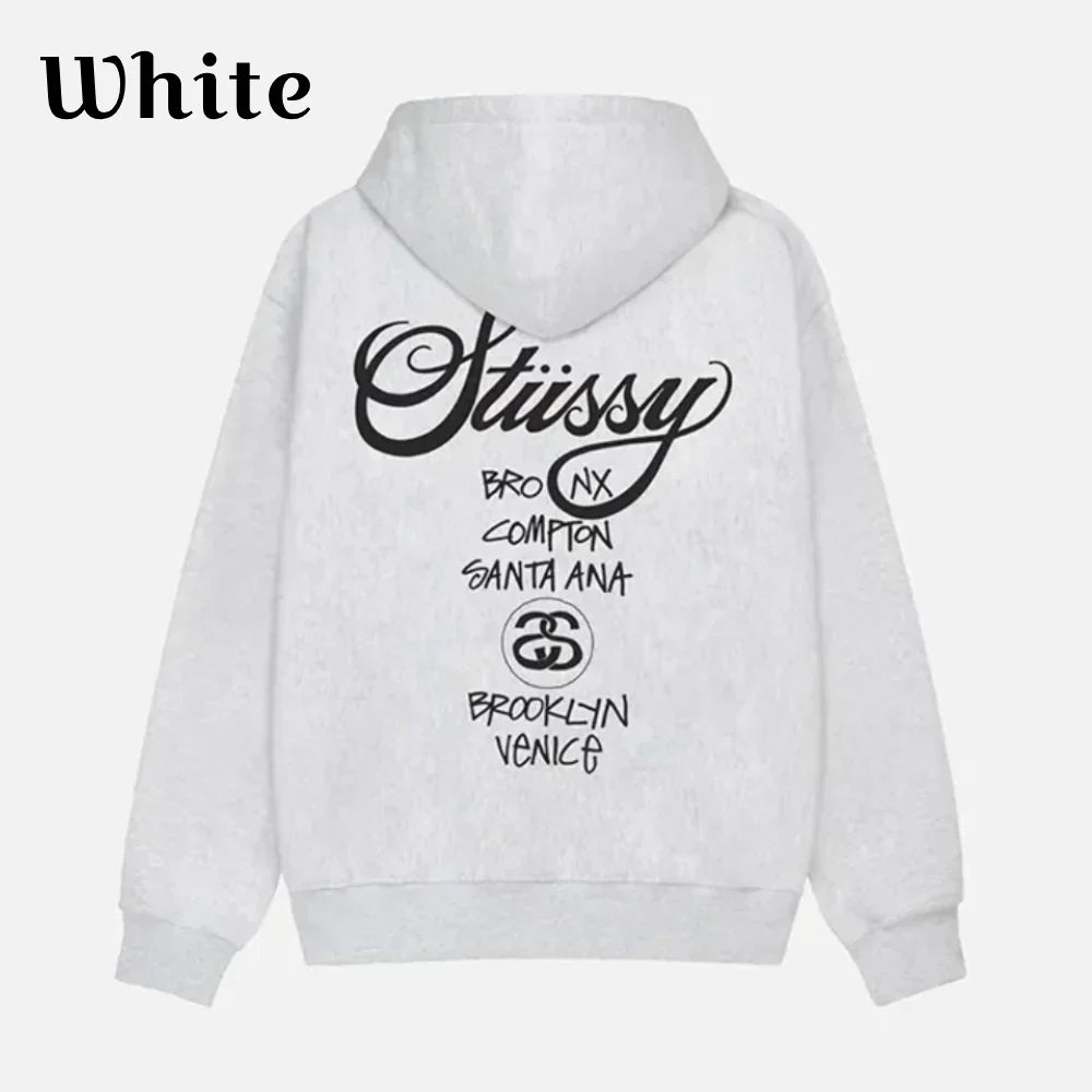 Back view of White Stussy-World-Tour-White-Hoodie