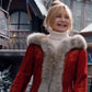 Close view of Red The Christmas Chronicles Mrs Claus-Goldie Hawn Red Coat, featuring the hood and fur trim.