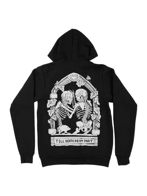 Back view of Black Till-Death-Do-Us-Part-Black-Zip-Up-Hoodie with skeleton graphic.