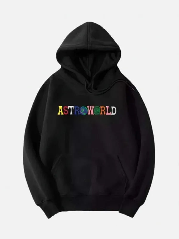 Front view of Black Travis-Scott-Astroworld-Hoodie 