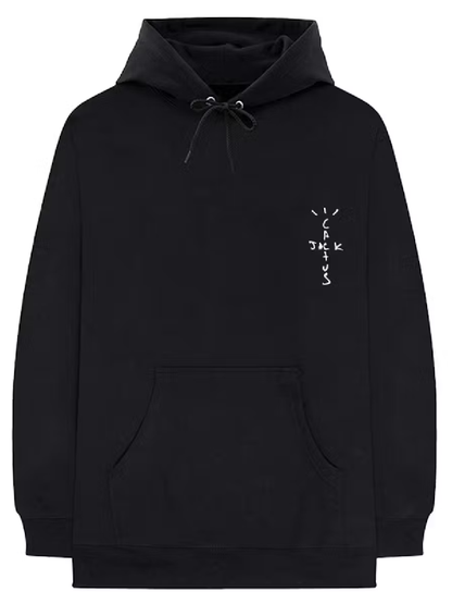 Black hoodie with a small white logo on the chest against a white background