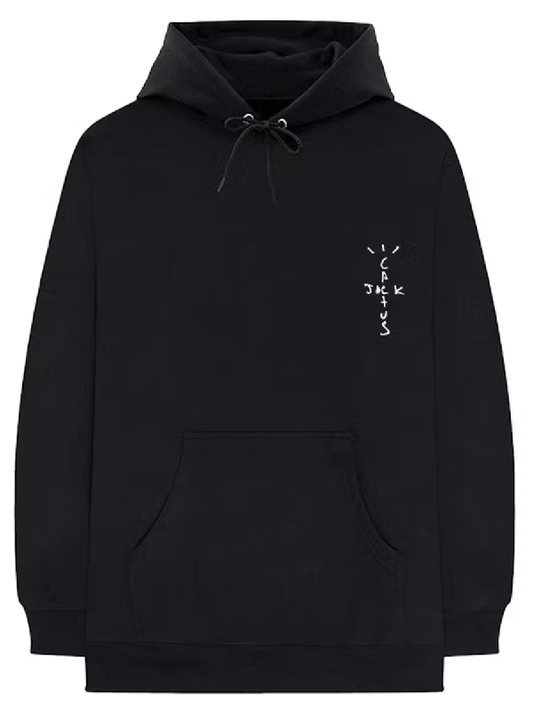 Black hoodie with a small white logo on the chest against a white background