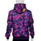 Back view of purple, pink, and navy camouflage full-zip hoodie, featuring contrast print detail on the hood.