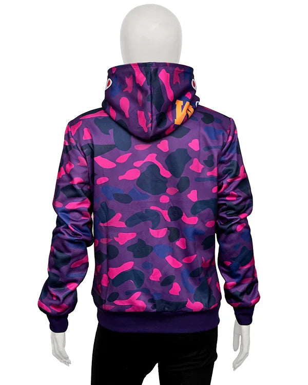 Back view of purple, pink, and navy camouflage full-zip hoodie, featuring contrast print detail on the hood.