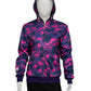 Front view of purple, pink, and navy camouflage full-zip hoodie. Streetwear style inspired by Bape.