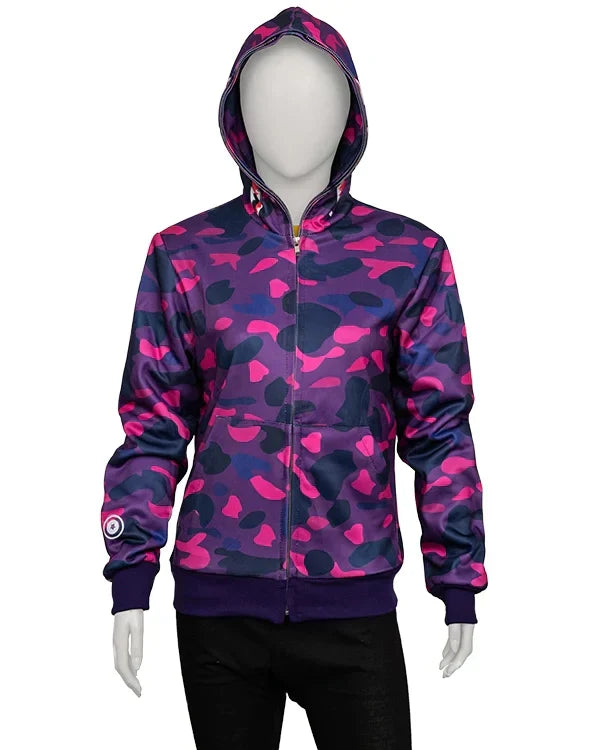 Front view of purple, pink, and navy camouflage full-zip hoodie. Streetwear style inspired by Bape.