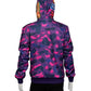Back view of a violet, pink, and navy camouflage full-zip hoodie, featuring a tiger face print across the top of the hood.