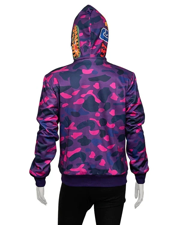 Back view of a violet, pink, and navy camouflage full-zip hoodie, featuring a tiger face print across the top of the hood.
