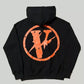 Black Vlone hoodie with orange logo on a gray background