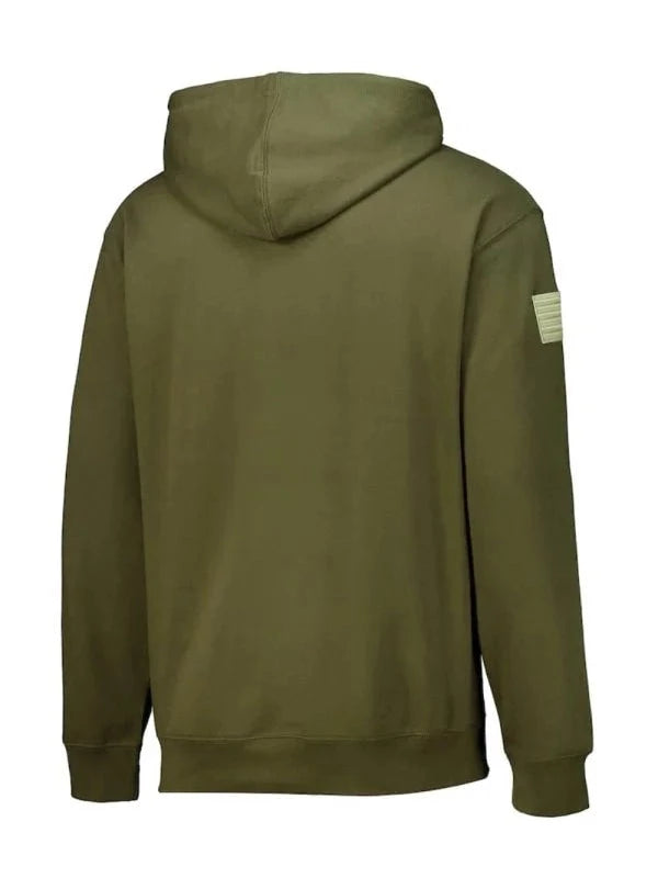 Back view of the official CM Punk "Best in the World" olive drab pullover hoodie. Highlights the clean reverse panel and tactical flag patch on the left sleeve.