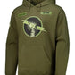 Front view of the official CM Punk "Best in the World" olive drab hoodie, showcasing the central fist graphic and the chest and shoulder patches.