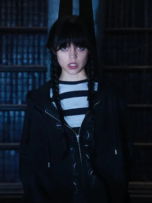 Jenna Ortega Wednesday-style black zip hoodie