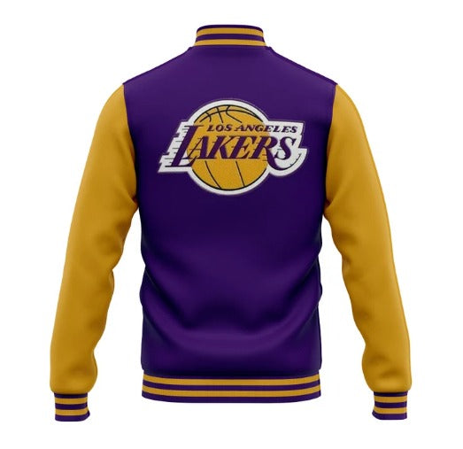 Purple and yellow jacket with Los Angeles Lakers logo on a white background