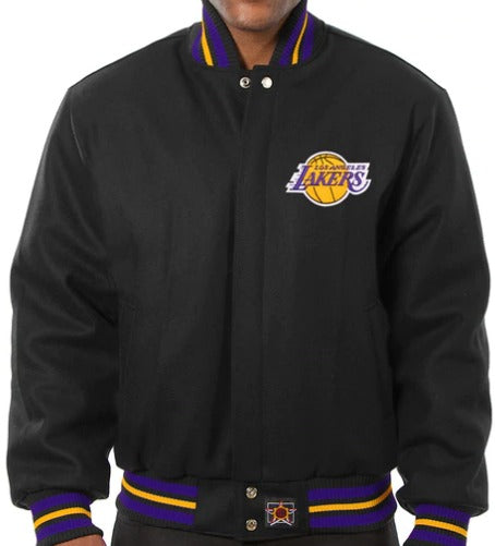 Black jacket with Lakers logo on a white background