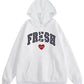 White hoodie with 'FRESH' text and a red heart on a white background