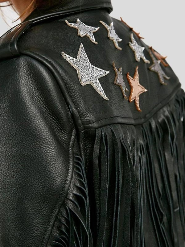 Women’s Black Leather Motorcycle Jacket With Fringe