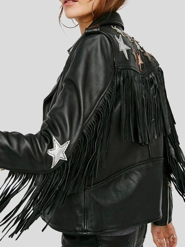 Women’s Black Leather Motorcycle Jacket With Fringe