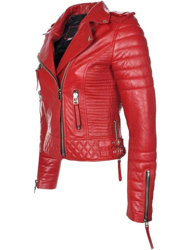 Womens Boda Style Quilted Leather Biker Jacket Red