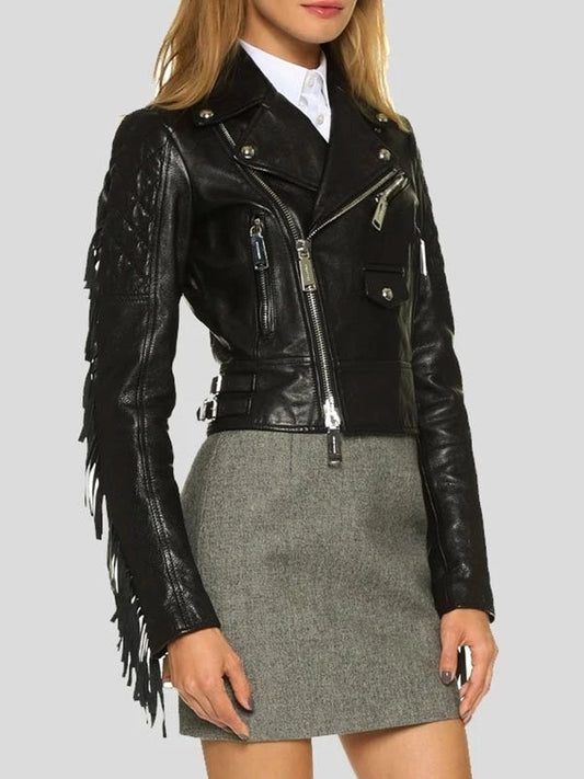 Women’s Black Cropped Leather Motorcycle Jacket With Fringe