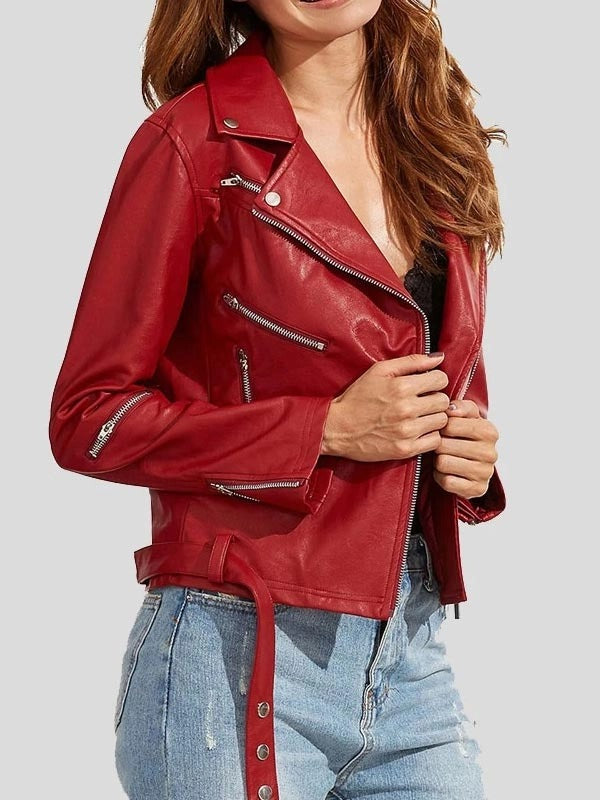 Womens Wear Red Leather Biker Jacket