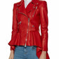 Motorcycle Style Women’s Red Leather Peplum Jacket