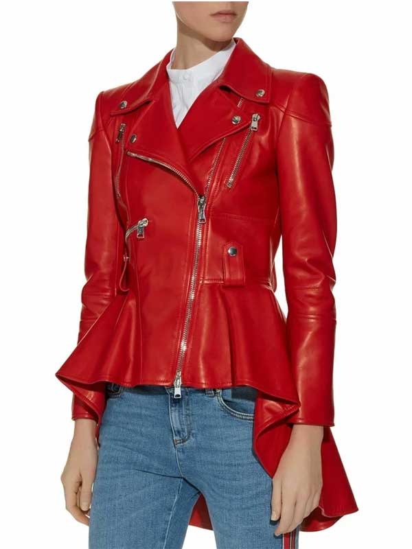 Motorcycle Style Women’s Red Leather Peplum Jacket