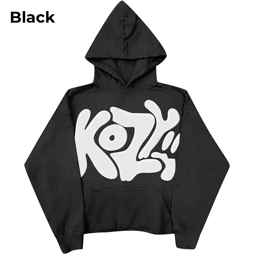 Front view of Black Y2K Kozy Black Hoodie with large white KOZY text graphic.