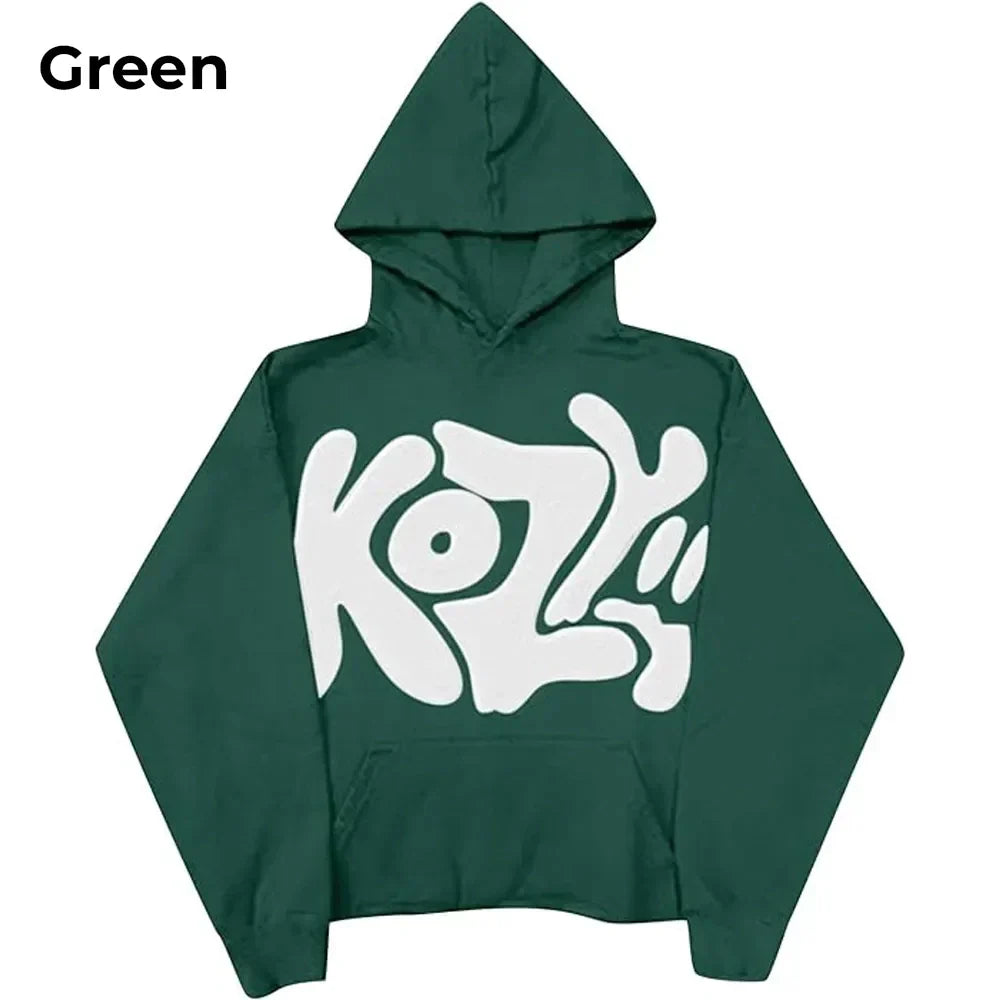 Front view of Green Y2K Kozy Green Hoodie with large white KOZY text graphic.