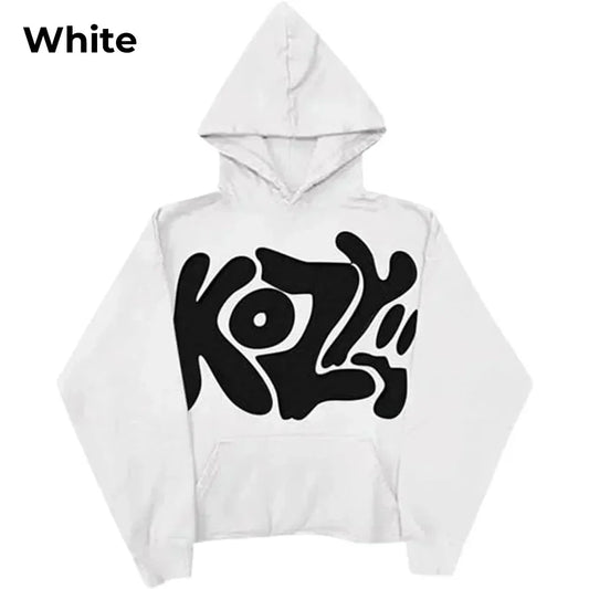 Front view of White Y2K Kozy White Hoodie with large black KOZY text graphic.
