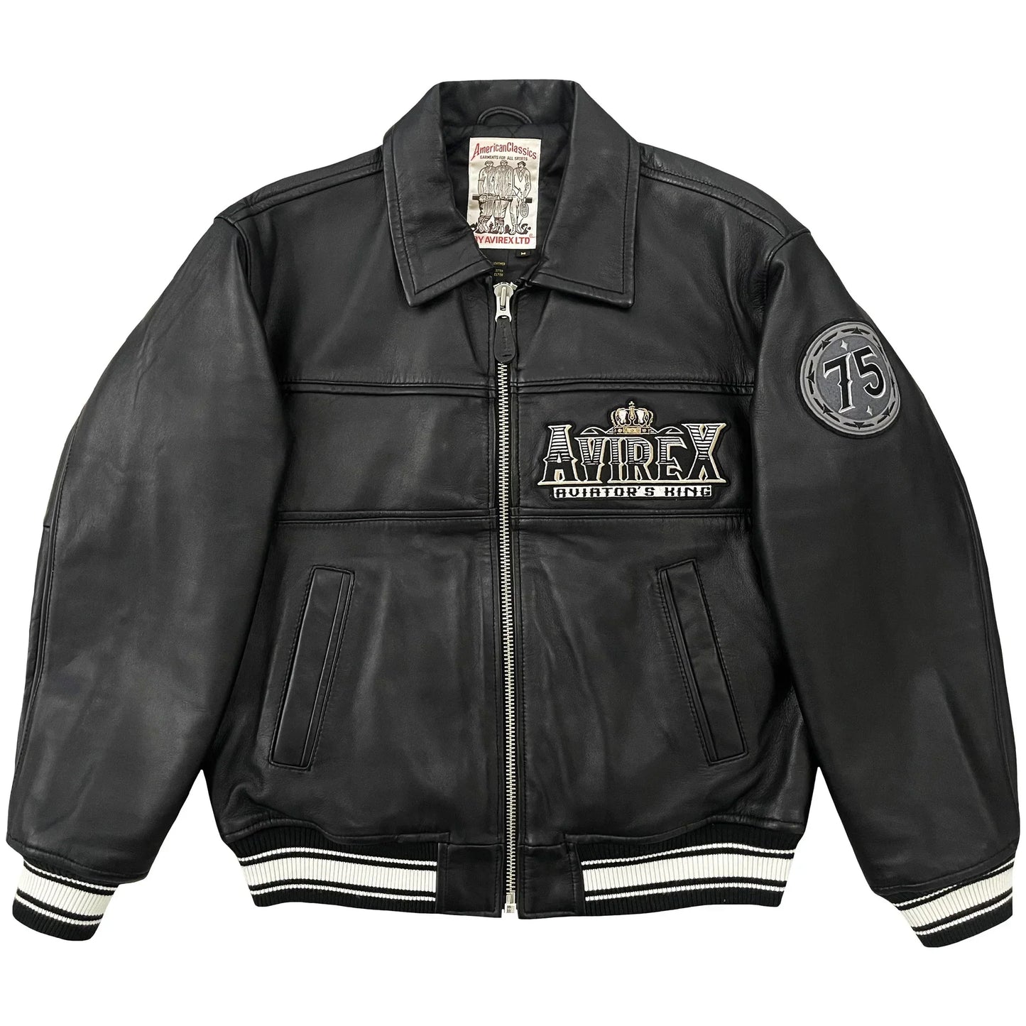Black leather jacket with Avirex branding on a white background