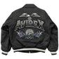Black leather jacket with Avirex logo and eagle emblem on a white background