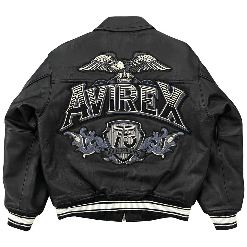 Black leather jacket with Avirex logo and eagle emblem on a white background