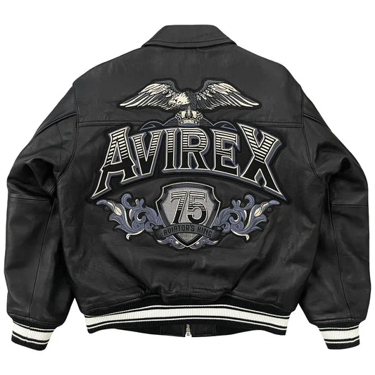 Black leather jacket with Avirex logo and eagle emblem on a white background