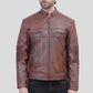 Mens Tall Perforated Cognac Waxed Cafe Racer Leather Jacket