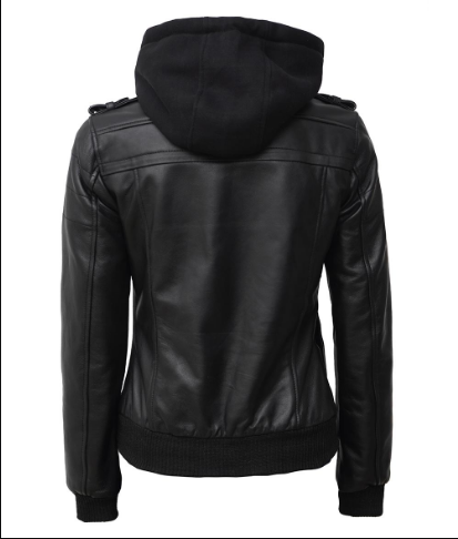 Women's Black Hooded Bomber Leather Jacket