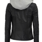 Lise Women's Black Leather Jacket With Hood