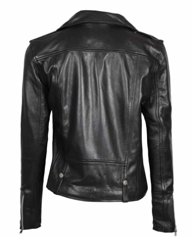 Amber Womens Black Leather Moto Jacket in Asymmetrical Style